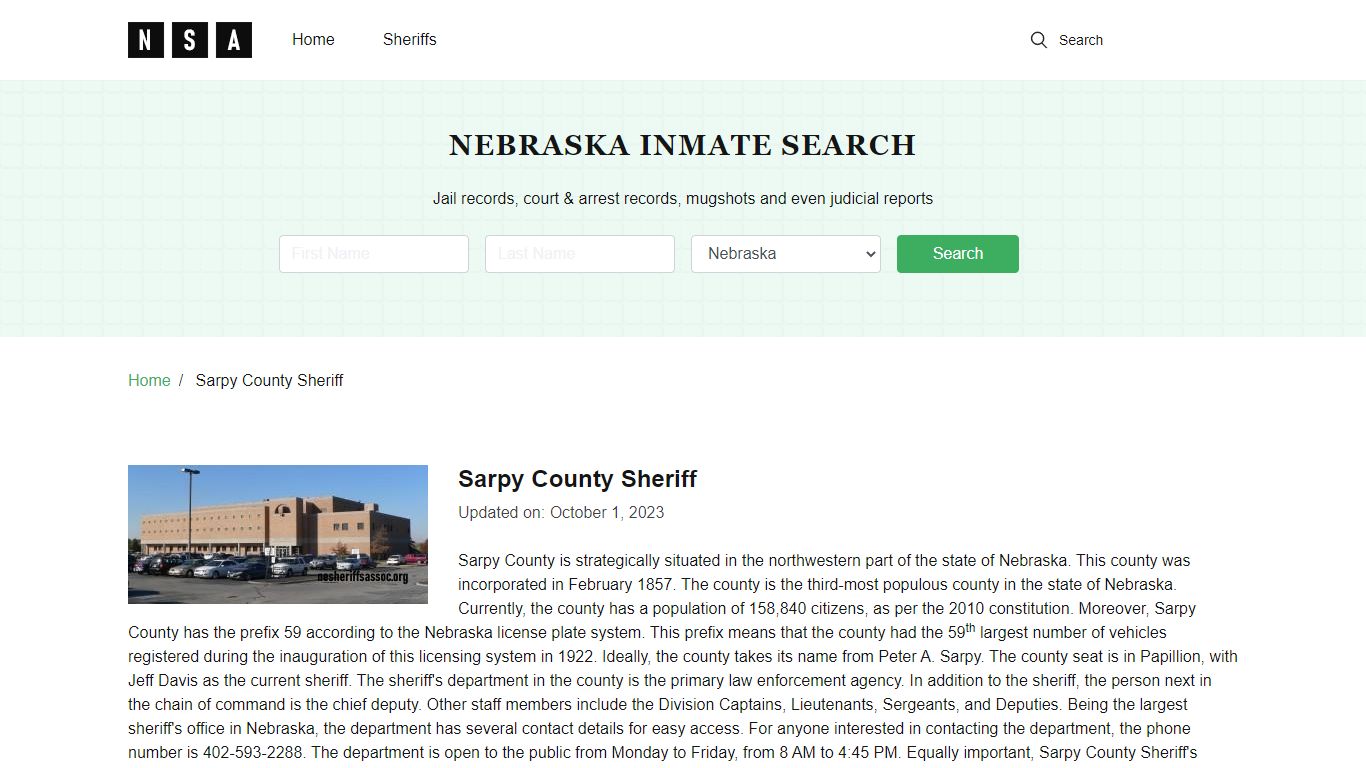 Sarpy County Sheriff, Nebraska and County Jail Information